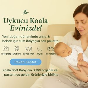 A mother sits on a bed, gently cradling her sleeping baby. Promotional text in Turkish describes an all-in-one package for mothers and babies, featuring icons for photography, breastfeeding, dietitian, sleep, and first aid.