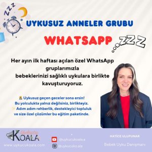 Sağlıklı bebek uykusunu destekleyen WhatsApp grubu Uykusuz Anneler Grubu'na ait, alt kısmında gülümseyen bir kadın, faydalı bilgiler ve sosyal medya hesaplarının yer aldığı tanıtım görseli.