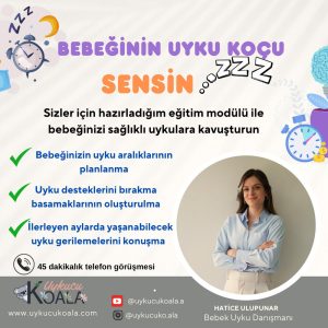 Uykusuz Anneler Grubu bebek uyku koçluğu için tanıtım görseli, kendine güvenen bir kadın (kollarını kavuşturmuş). Metin, programın faydalarını ve iletişim bilgilerini vurgular. Alt kısımda simgeler ve sosyal medya bilgileri bulunur.